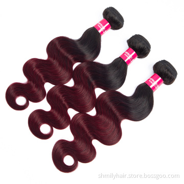 Shmily Wholesale Virgin Brazilian Ombre Two Tone Colored 1b 99j Body Wave Hair Bundles 100% Remy Human Hair Extensions Weaves